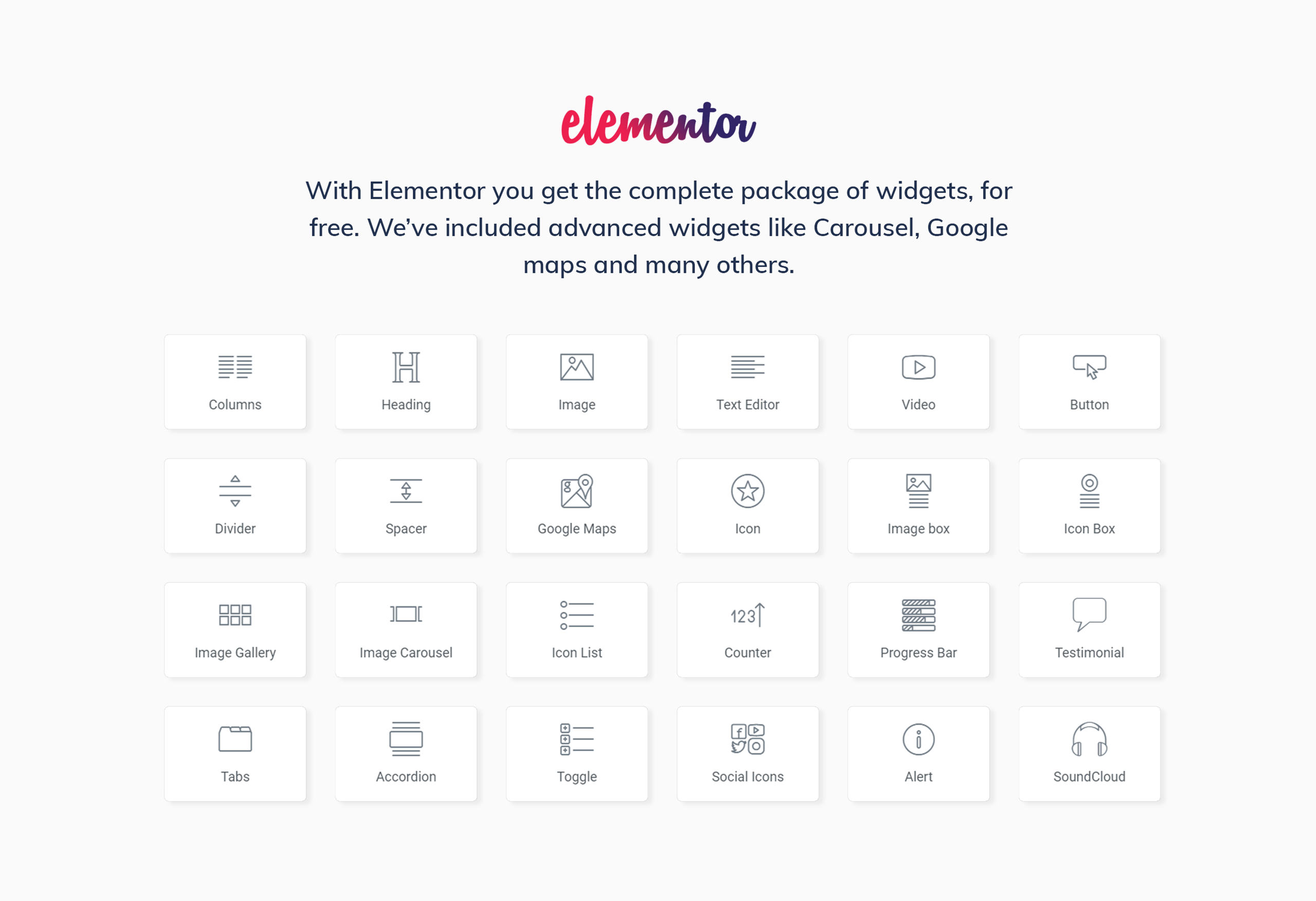 نمایی از ابزارهای المنتور شامل ستونها، عنوانها، تصاویر، ویدئو، گالری و لیست آیکونها که در طراحی صفحات وردپرسی بدون نیاز به کدنویسی به کار میروند. این تصویر نمایش دهنده قدرت و تنوع این افزونه در ارائه ابزارهای پیشرفته طراحی است